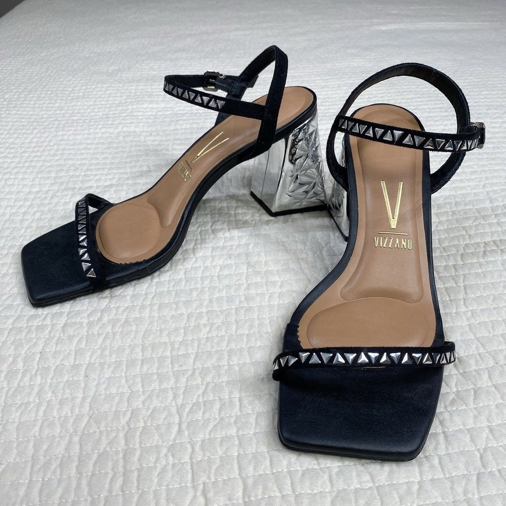 Vizzano Womens Black Futuristic Ankle Strap Silver Block Heel Sandals Size 10